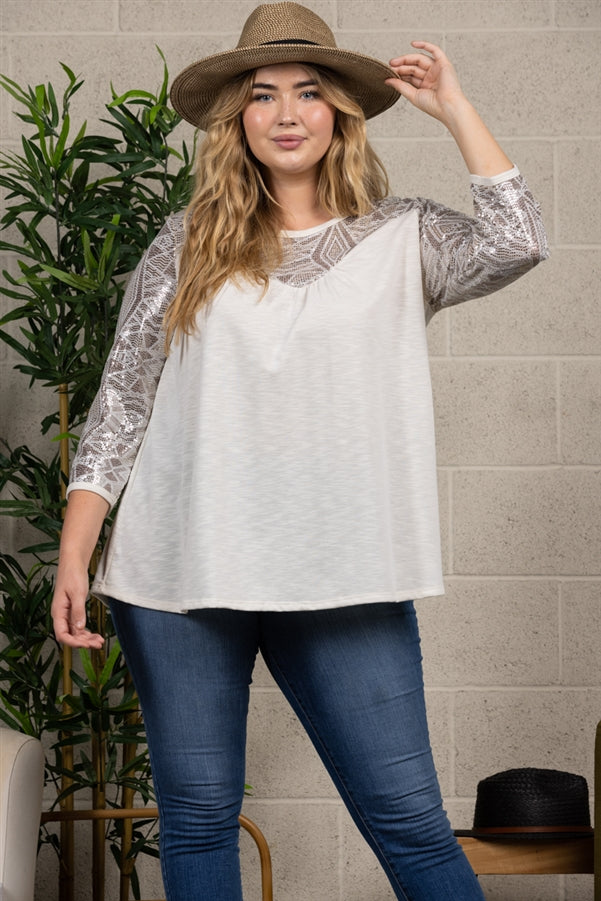 Ivory Sequined 3/4 Sleeves Top PLUS SIZE - B5683X