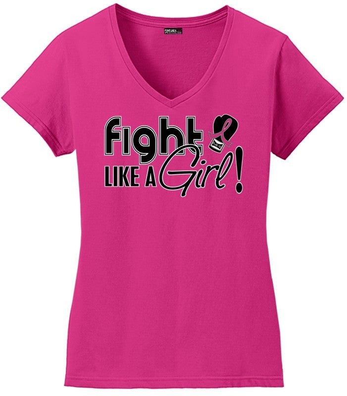 Fight Like a Girl Signature Ladies V-Neck T-Shirt- Hot Pink