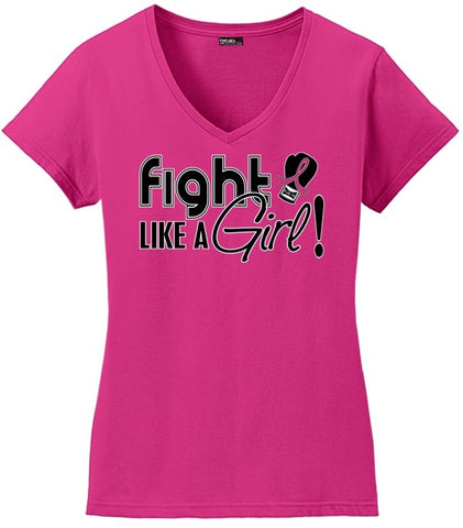 Fight Like a Girl Signature Ladies V-Neck T-Shirt- Hot Pink