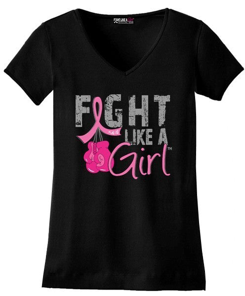 "Fight Like a Girl Knockout" Ladies V-Neck T-Shirt - Black w/ Pink #101280