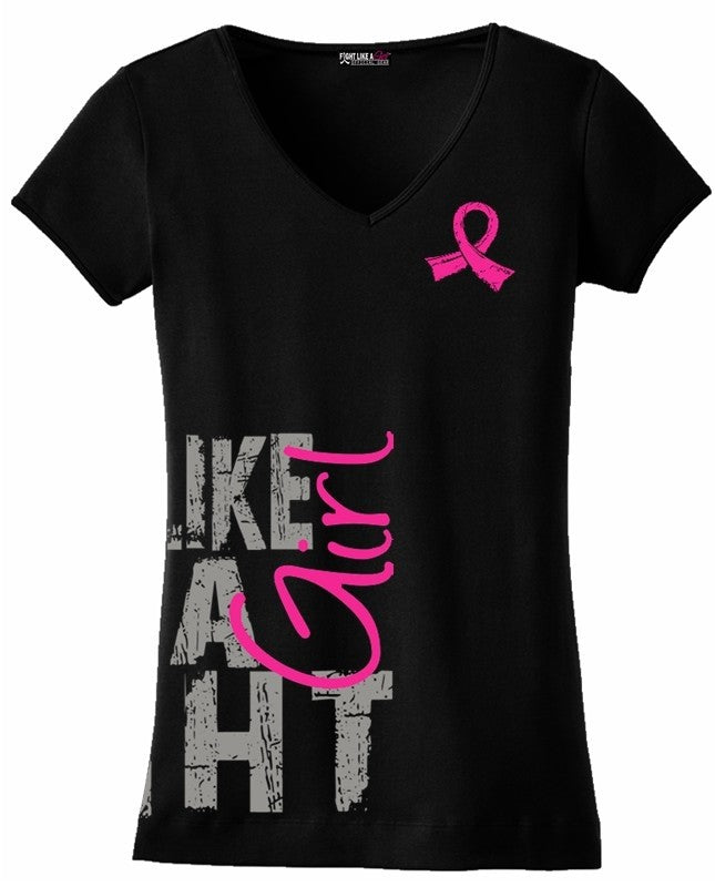Fight Like A Girl Side Wrap Ladies V-Neck T-Shirt Black W/ Pink #10098